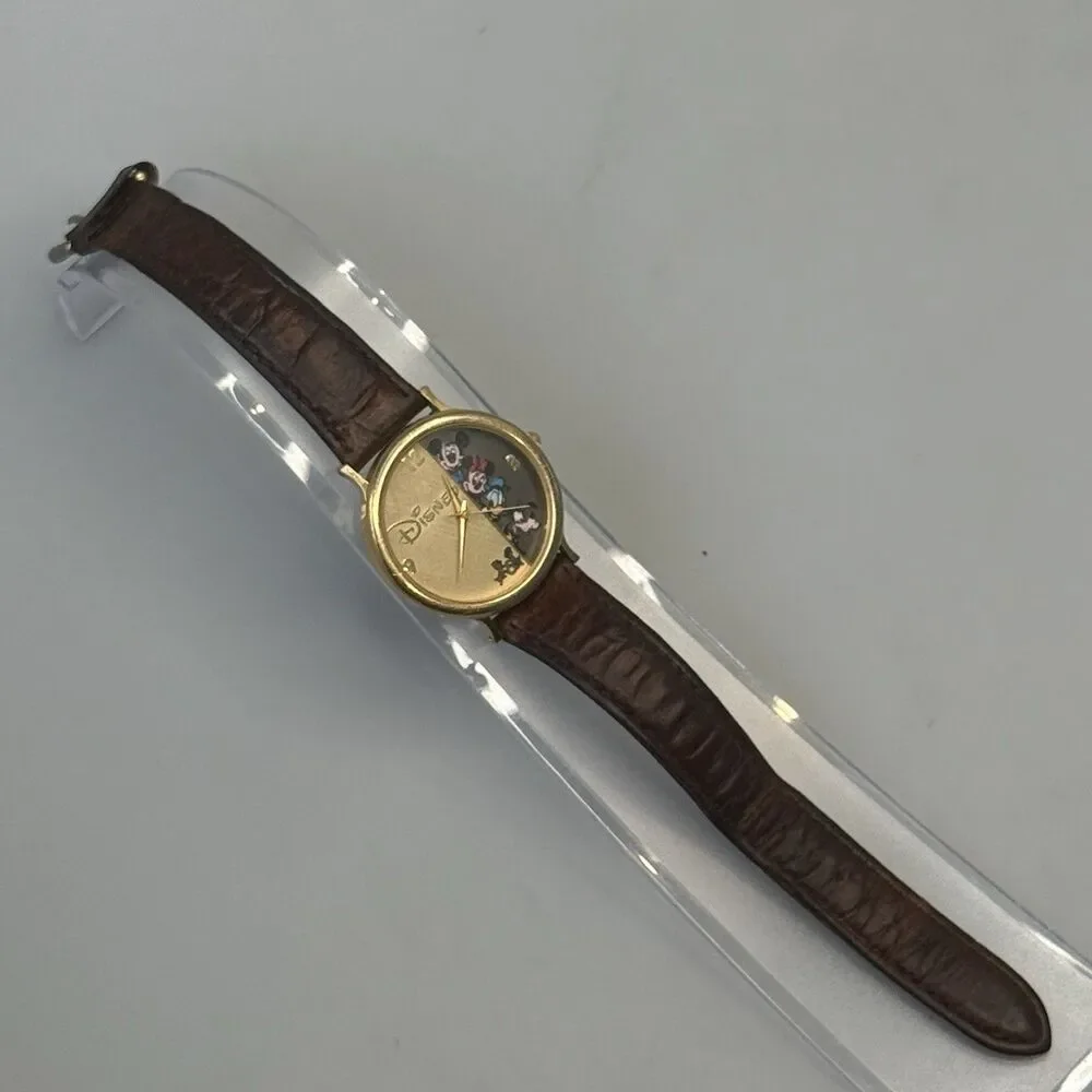 VTG Disney Gold Tone 32mm Watch Mickey Minnie Donald Goofy Chip & Dale Lthr EUC